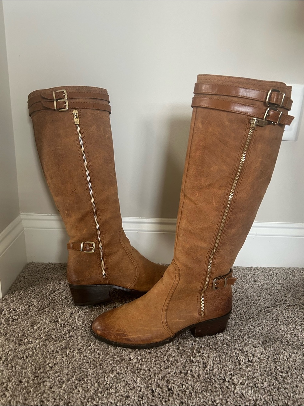 ANTONIO MELANI Cognac Brown Tall (18”tall) Riding Style Boots with Side Zippers.